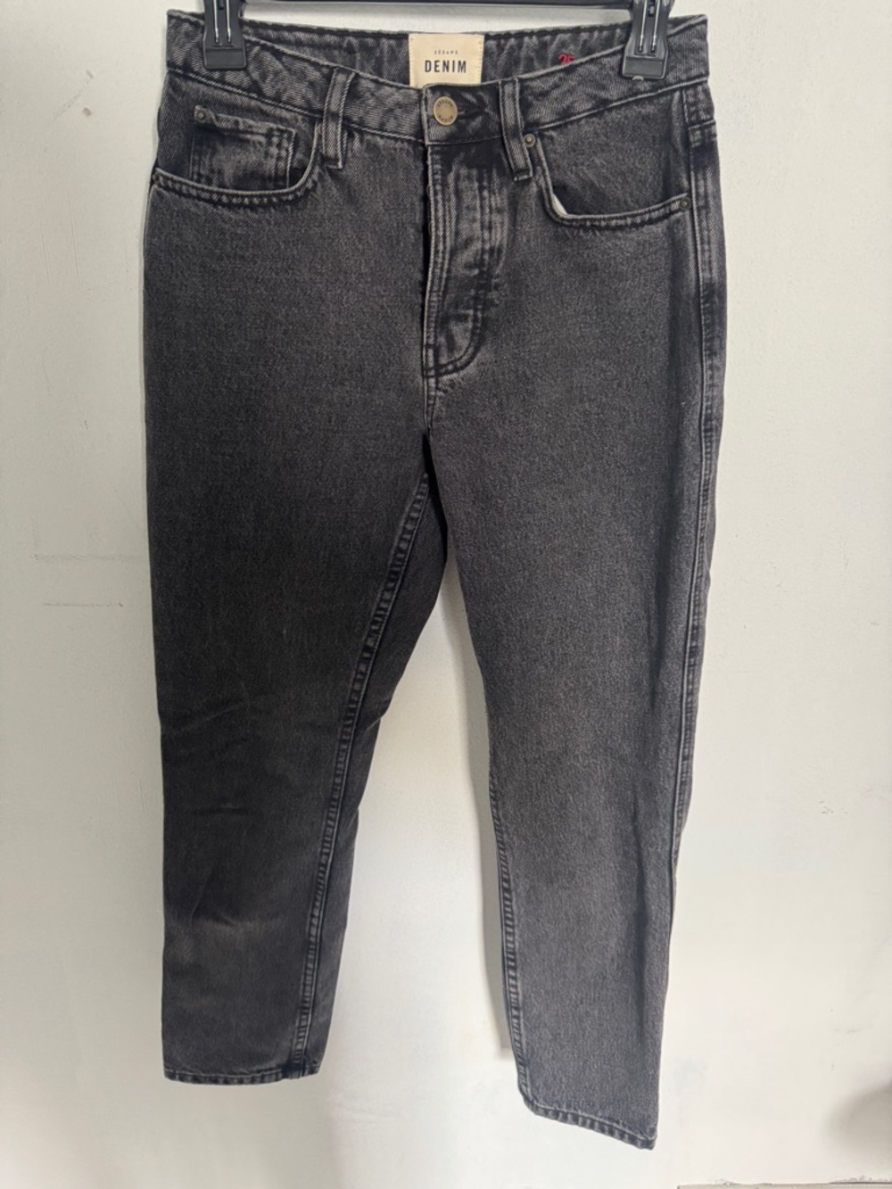 Sézane Denim Jeans Size 25 Black Washed Straight Leg High Rise Organic Cotton